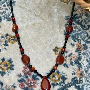 Genuine High Quality Carnelian Black Glass Beaded Long Necklace, Orange & Black